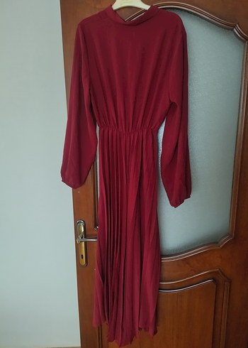 Diğer Bordo Piliseli Uzun Kollu Uzun Elbise