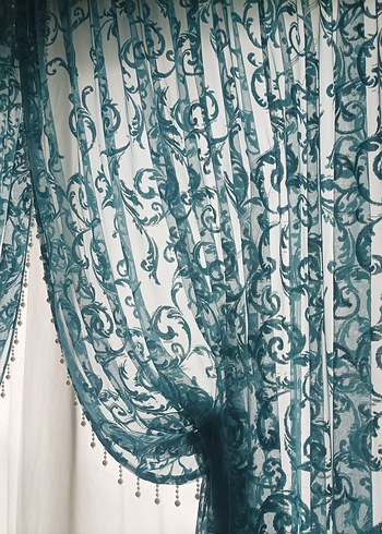 Turkuaz Nakışlı Bohem Tül Perde - Görsel 3
