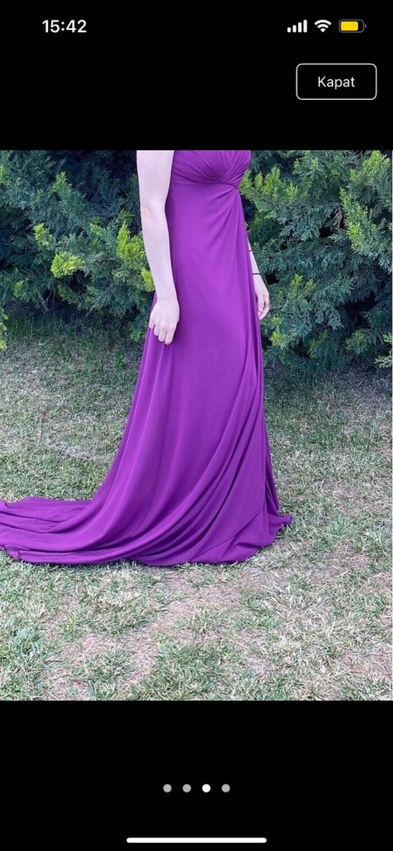Mor V Yakalı Uzun Drapeli Kadın Elbise - Görsel 3