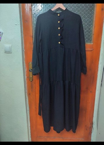 l Beden Düğmeli Siyah Keten Uzun Elbise