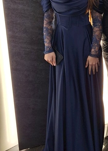 Lacivert Uzun Kollu Drapeli Abiye Elbise - Görsel 2