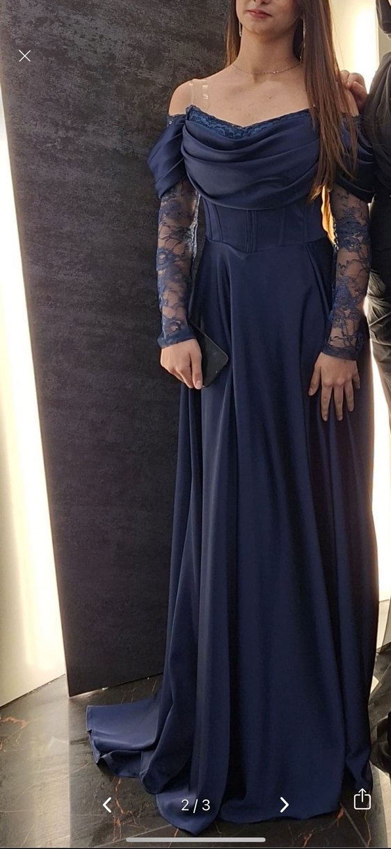 Lacivert Uzun Kollu Drapeli Abiye Elbise - Görsel 2
