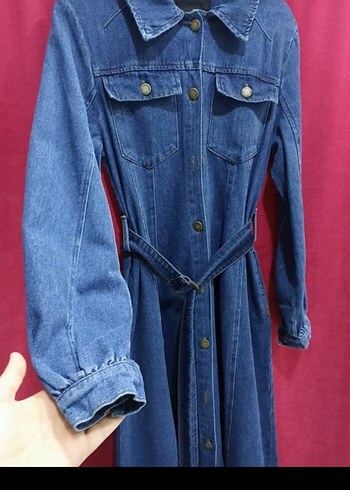 Kadın Uzun Mavi Denim Ceket