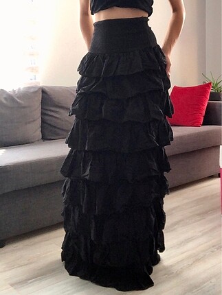 xs Beden Siyah flamenko uzun fırfırlı elbise