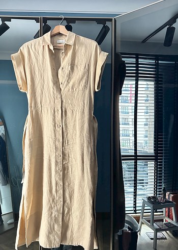 Bej Keten Uzun V Yaka Salaş Elbise Network - Görsel 3