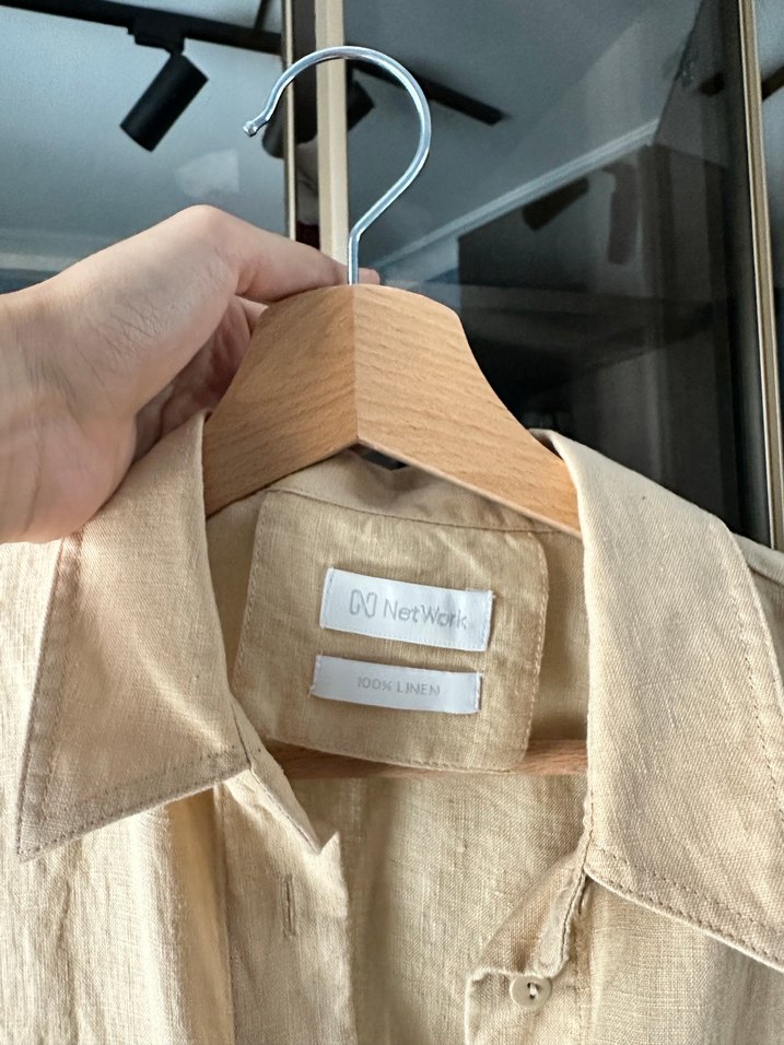 Bej Keten Uzun V Yaka Salaş Elbise Network - Görsel 4