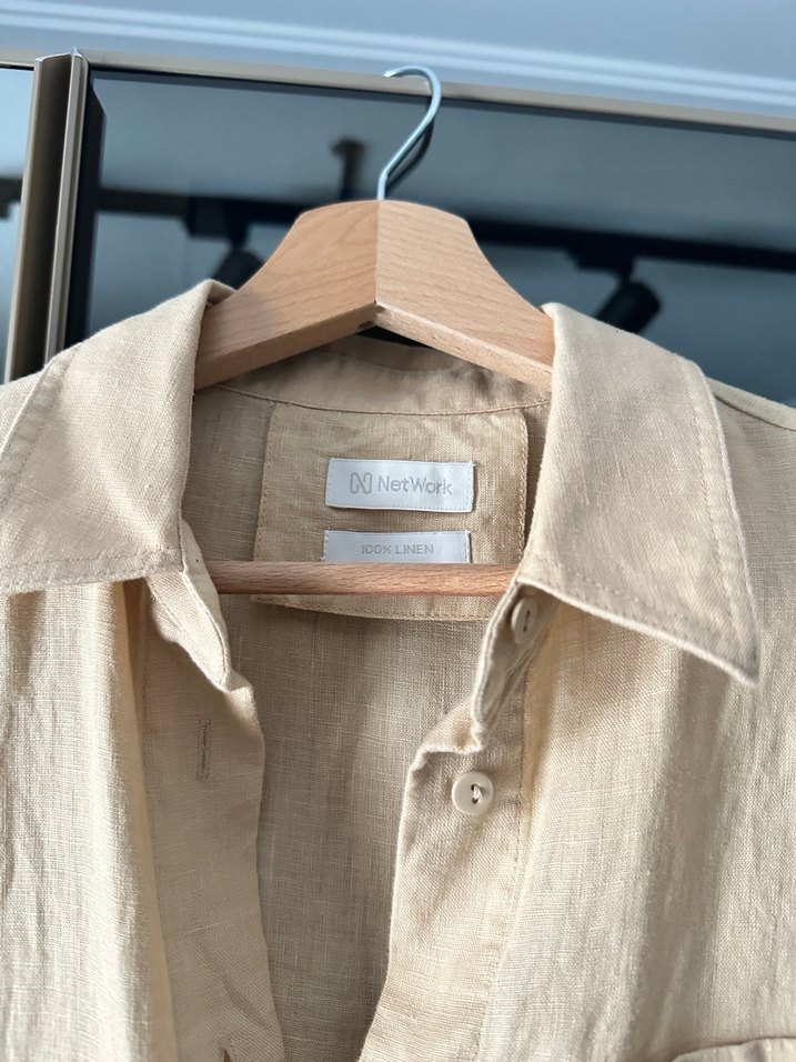 Bej Keten Uzun V Yaka Salaş Elbise Network - Görsel 2