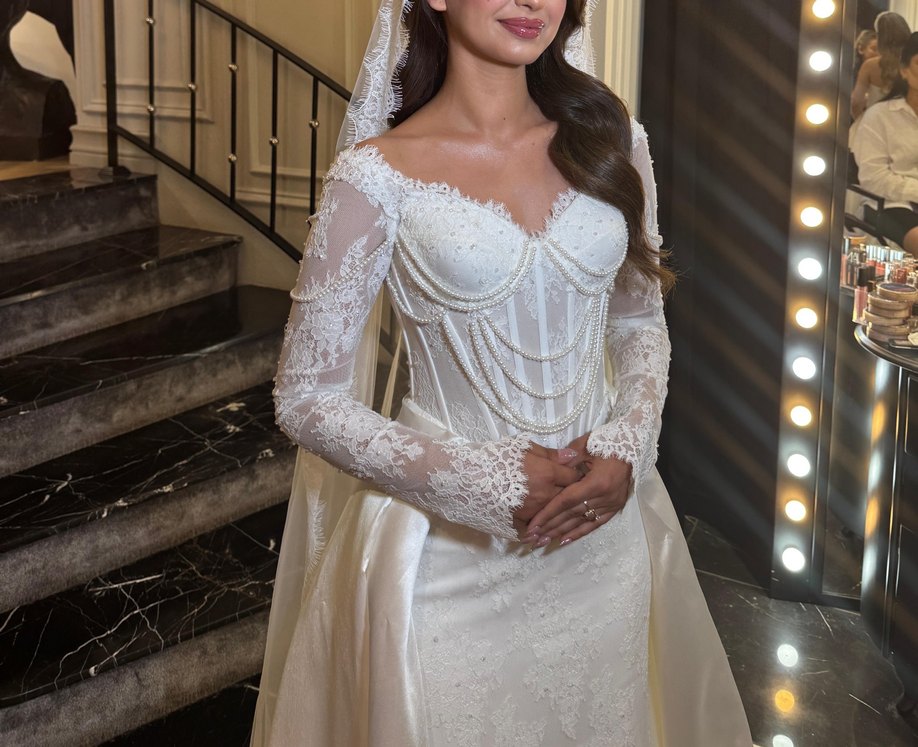 Labianca İnci Detaylı Uzun Kollu Beyaz Gelinlik - Görsel 4