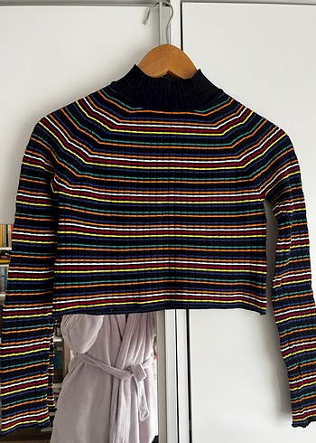 Zara Çok Renkli Çizgili crop kazak - Görsel 2