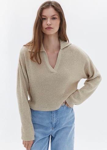 OXXO Bej V Yakalı Triko Kadın Kazak - Görsel 2