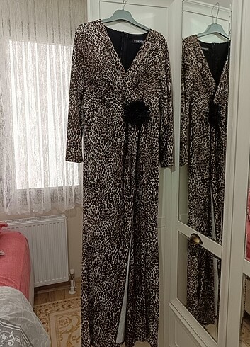 Leopar desenli simli abiye modeli elbise 
