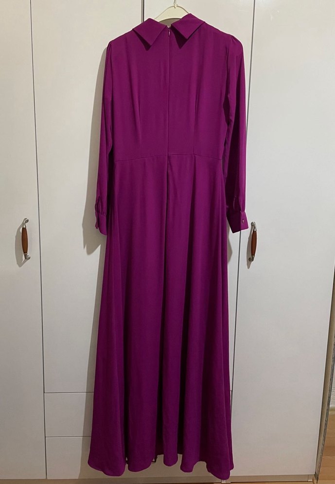 Mor Uzun Kollu Uzun Tesettür Elbise - Görsel 2