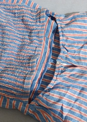 Kadın Mavi Çizgili Keten Mini Tulum - Görsel 4