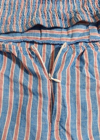 Kadın Mavi Çizgili Keten Mini Tulum - Görsel 7