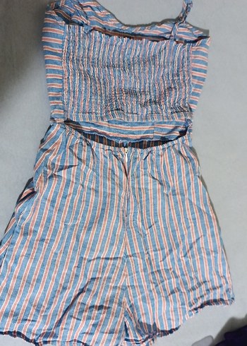 Kadın Mavi Çizgili Keten Mini Tulum - Görsel 3