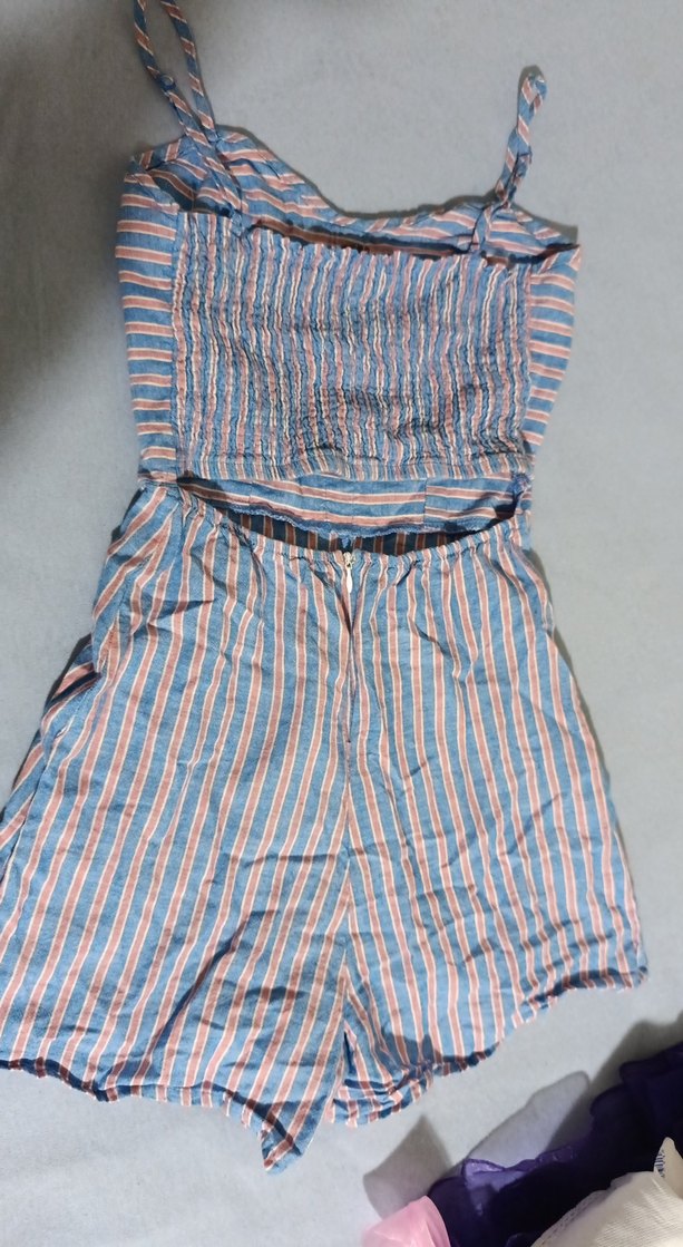 Kadın Mavi Çizgili Keten Mini Tulum - Görsel 3