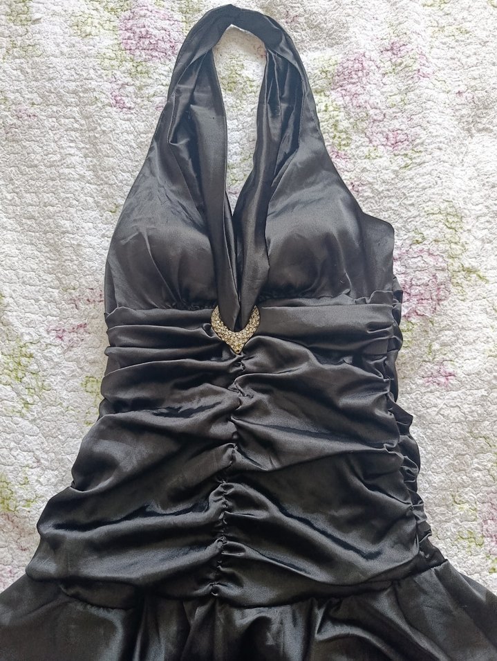 Uzun Siyah V Yakalı Fırfırlı Gotik mini Elbise - Görsel 2