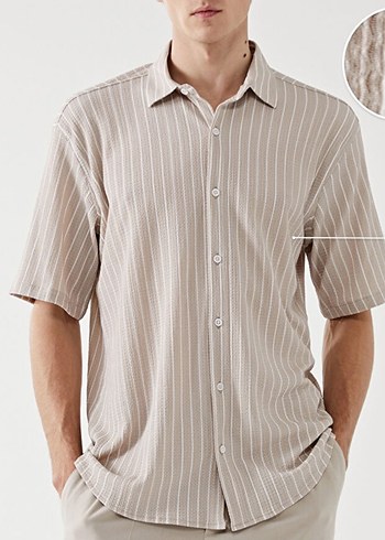 Düğmeli Kısa Kollu Bej Erkek Gömlek - Görsel 9