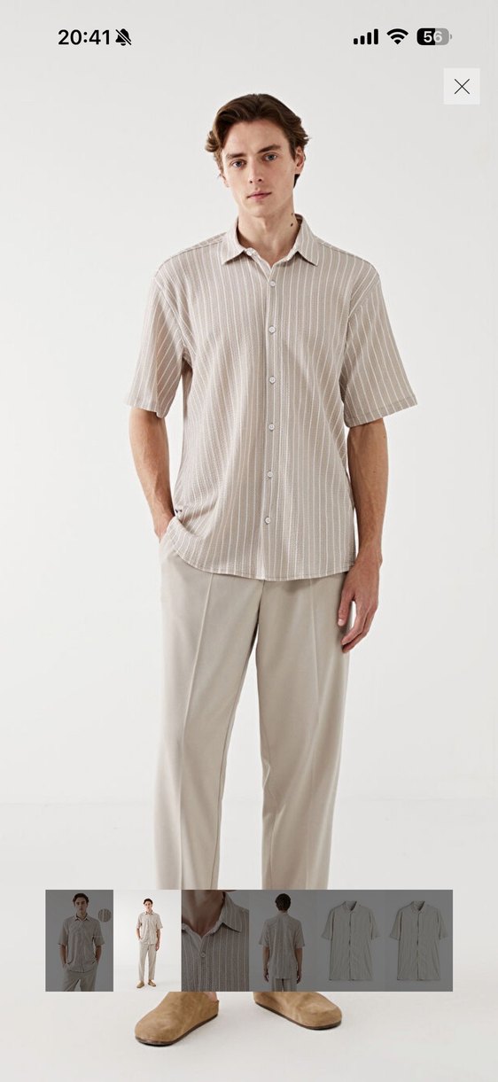 Düğmeli Kısa Kollu Bej Erkek Gömlek - Görsel 3