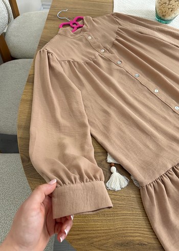 Bej Düğmeli Salaş Midi Tunik - Görsel 3