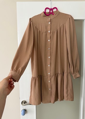 Bej Düğmeli Salaş Midi Tunik - Görsel 6