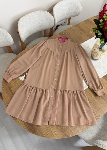 Bej Düğmeli Salaş Midi Tunik - Görsel 2