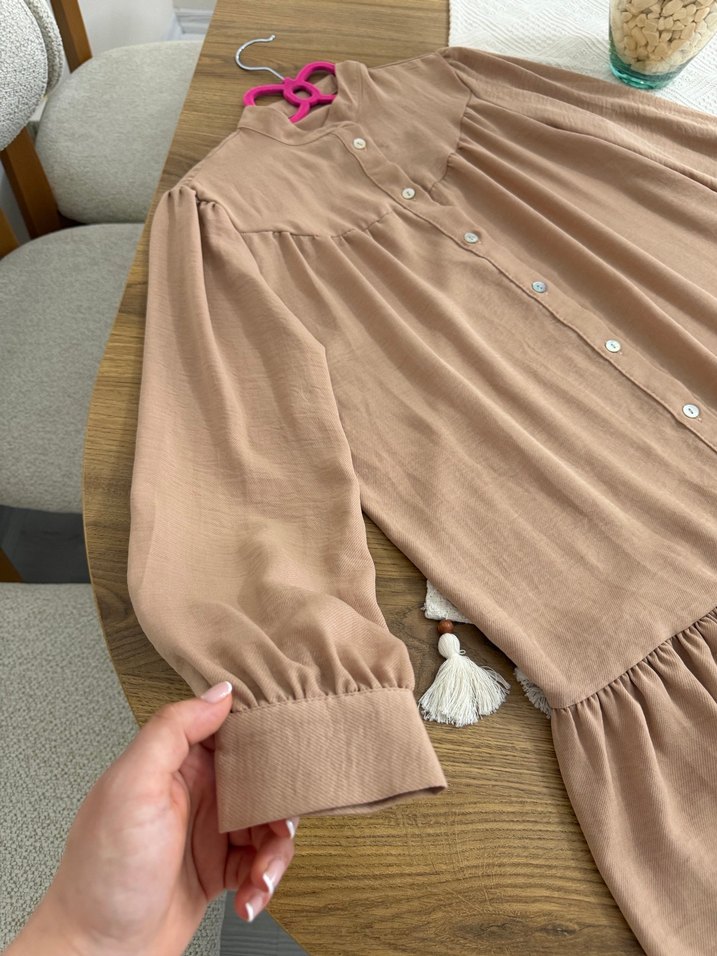 Bej Düğmeli Salaş Midi Tunik - Görsel 3