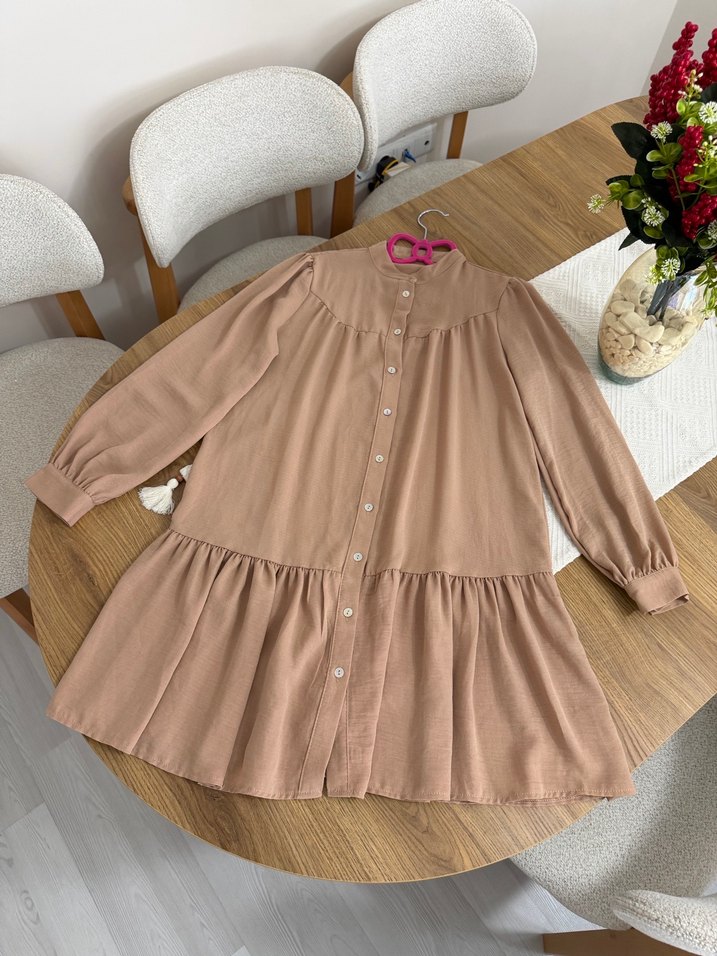 Bej Düğmeli Salaş Midi Tunik - Görsel 2