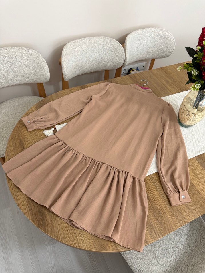 Bej Düğmeli Salaş Midi Tunik - Görsel 5