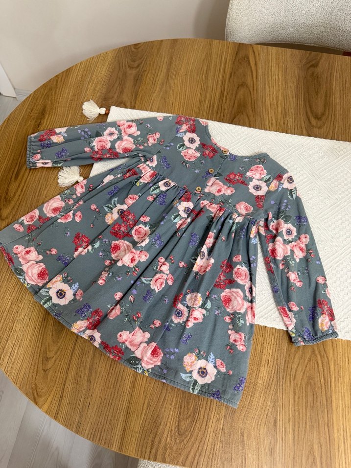 Kız Çocuk Gri Çiçekli Fırfırlı Elbise - Görsel 5