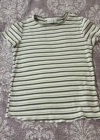 Kız Çocuk Gri Çizgili Kısa Kollu Tişört - Görsel 3