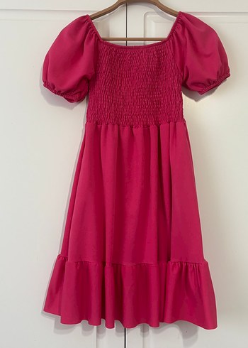 Pembe Bohem Midi Elbise, Volanlı, Salaş Kesim - Görsel 2