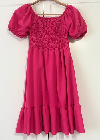 Pembe Bohem Midi Elbise, Volanlı, Salaş Kesim - Görsel 3