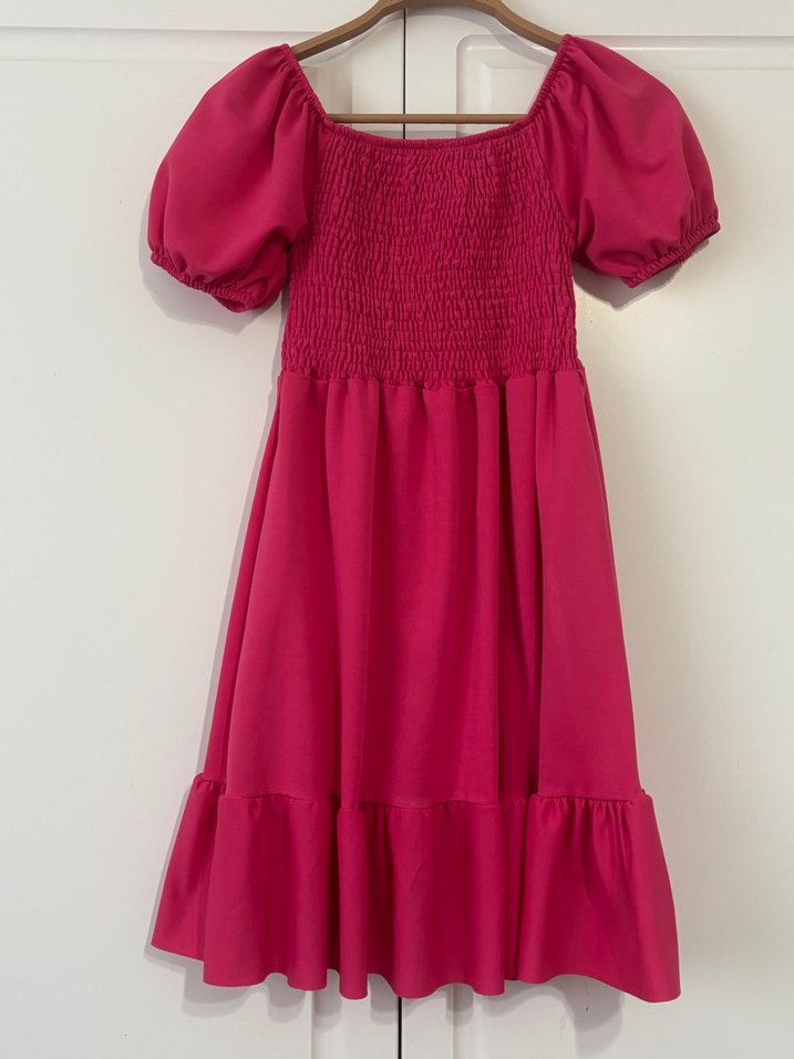 Pembe Bohem Midi Elbise, Volanlı, Salaş Kesim - Görsel 2