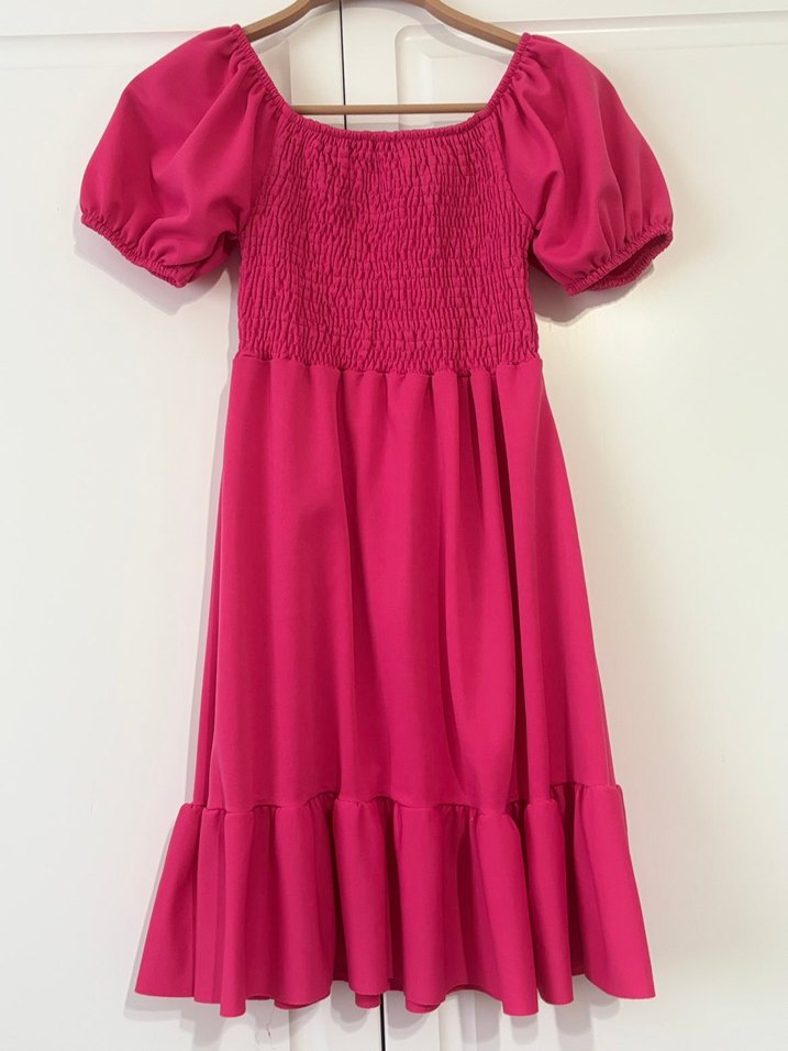 Pembe Bohem Midi Elbise, Volanlı, Salaş Kesim - Görsel 3