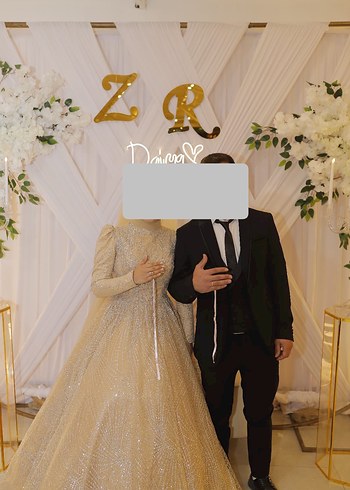 Abiye Uzun Kollu Altın Renkli Drapeli Sade Nişan Elbisesi