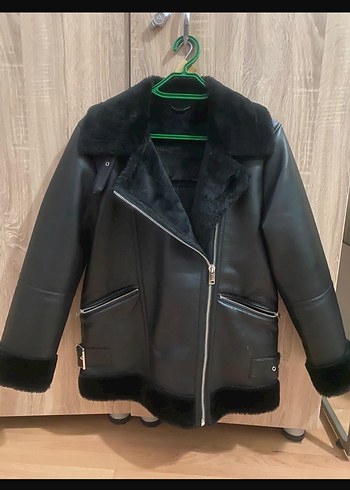 Kürklü Siyah Deri Kadın Biker Ceket - Görsel 3