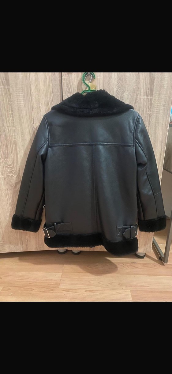 Kürklü Siyah Deri Kadın Biker Ceket - Görsel 2