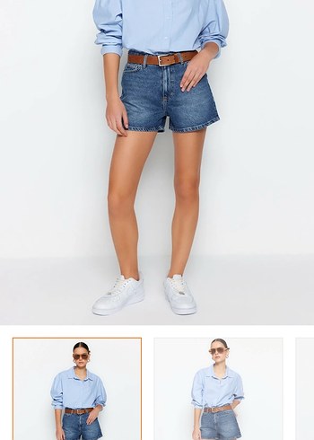Koyu mavi yüksek bel Denim Şort