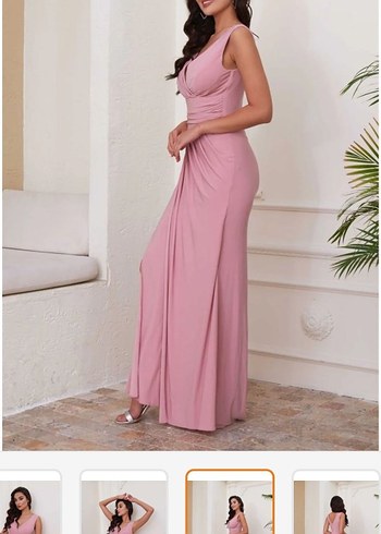 Pembe Drapeli Uzun Abiye Elbise - Görsel 4