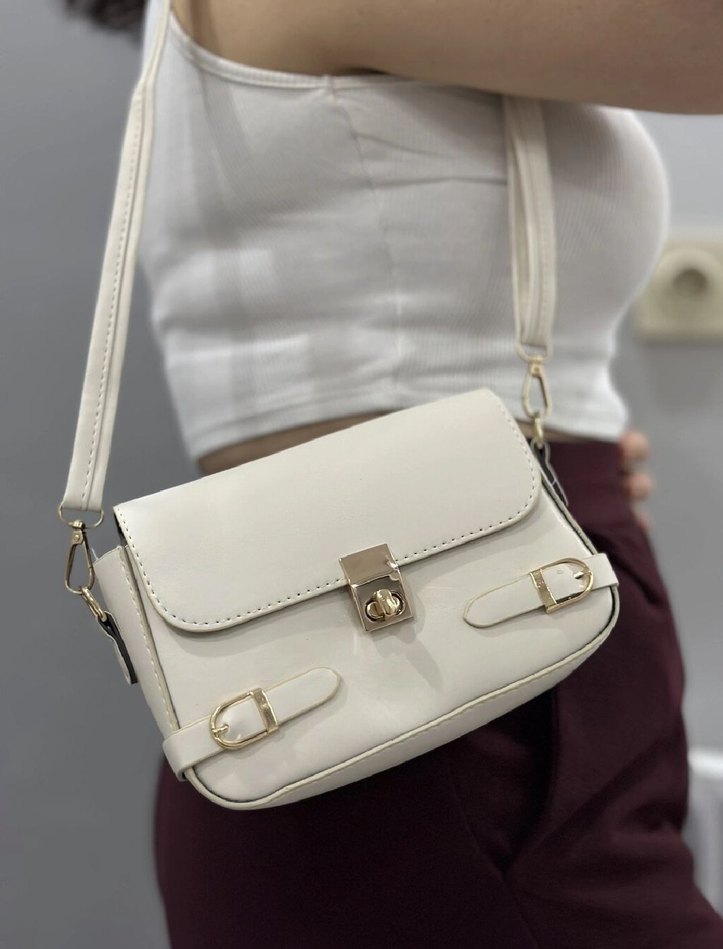 Beyaz Deri Tokalı Kadın Çanta - Görsel 2