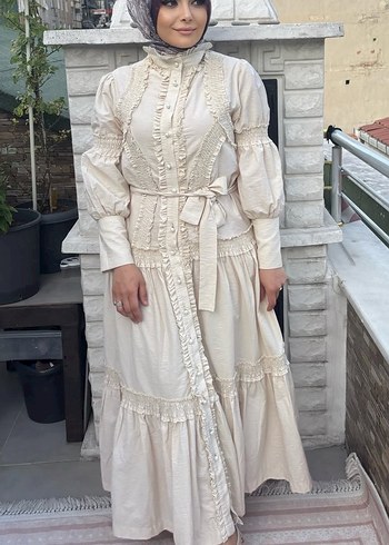 44 Beden Beyaz Nakışlı Uzun Keten Fransız Elbise