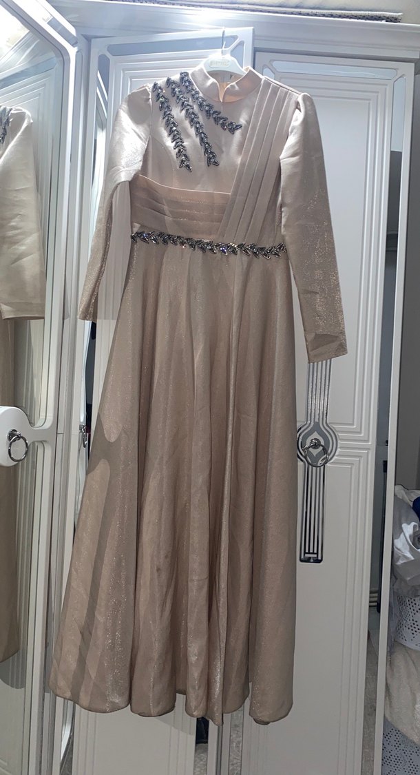 Bej Drapeli Uzun Kollu Abiye Elbise - Görsel 3