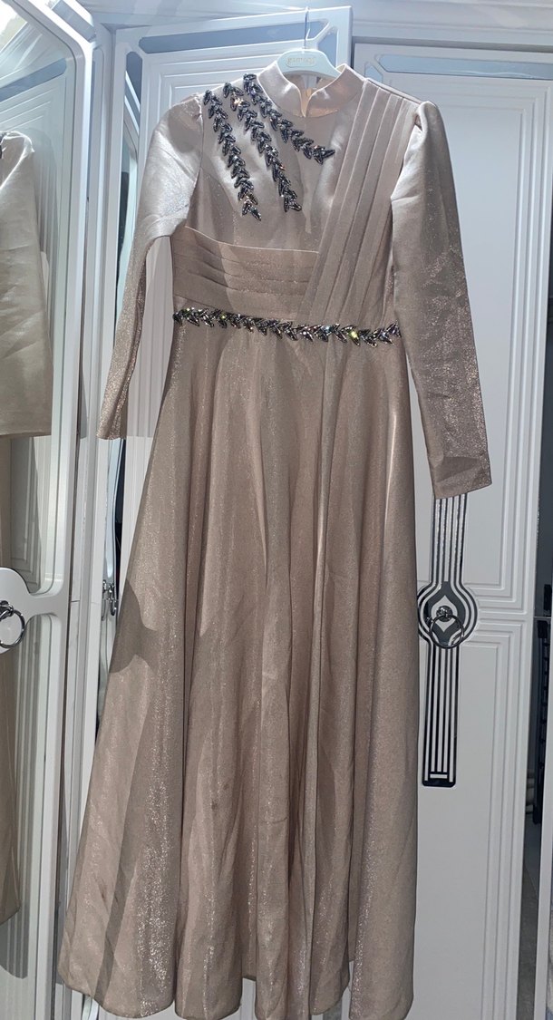 Bej Drapeli Uzun Kollu Abiye Elbise - Görsel 2