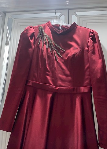 Bordo Uzun Kollu Drapeli Abiye Elbise - Görsel 3