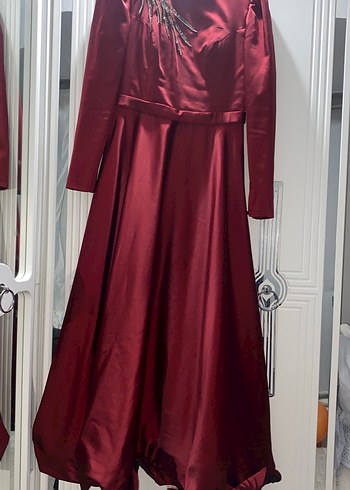 Bordo Uzun Kollu Drapeli Abiye Elbise - Görsel 2