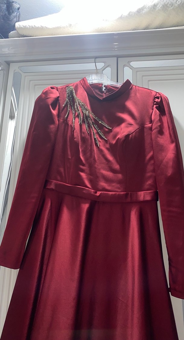 Bordo Uzun Kollu Drapeli Abiye Elbise - Görsel 3