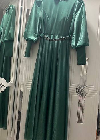 Yeşil Uzun Drapeli Kadın Abiye Elbise - Görsel 2