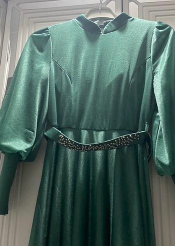 Yeşil Uzun Drapeli Kadın Abiye Elbise - Görsel 4