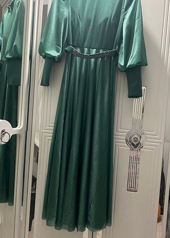 Yeşil Uzun Drapeli Kadın Abiye Elbise - Görsel 3
